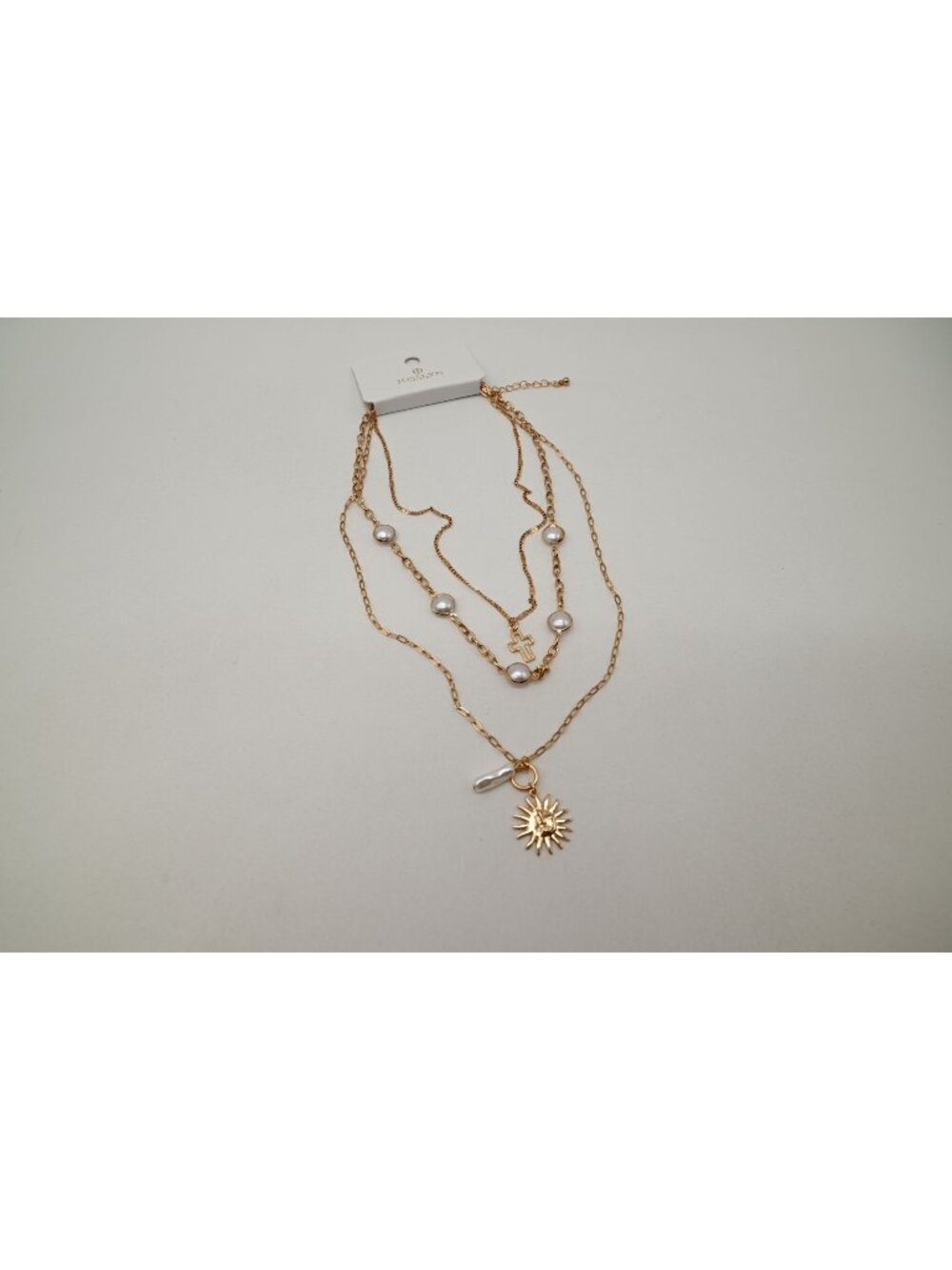 NWT Josslyn Multi Pearl Layer Pearl Sun Cross Charm Necklace Gold Tone Stack